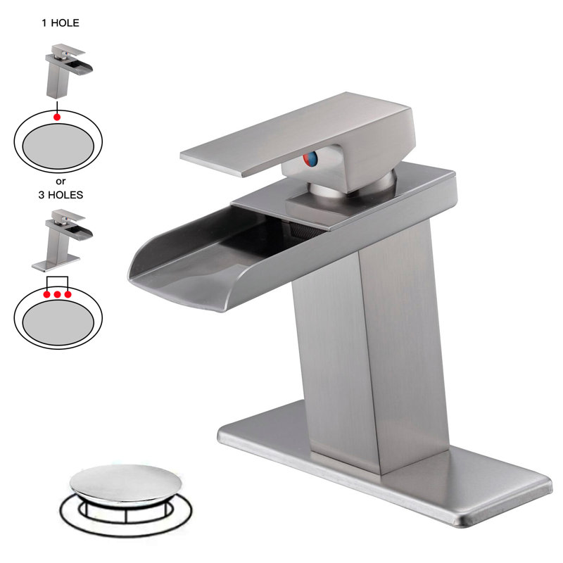 Modern Low-Arc Waterfall Bathroom Faucet, Single Handle Single Hole with Pop-Up Drain Assembly, Brushed Nickel