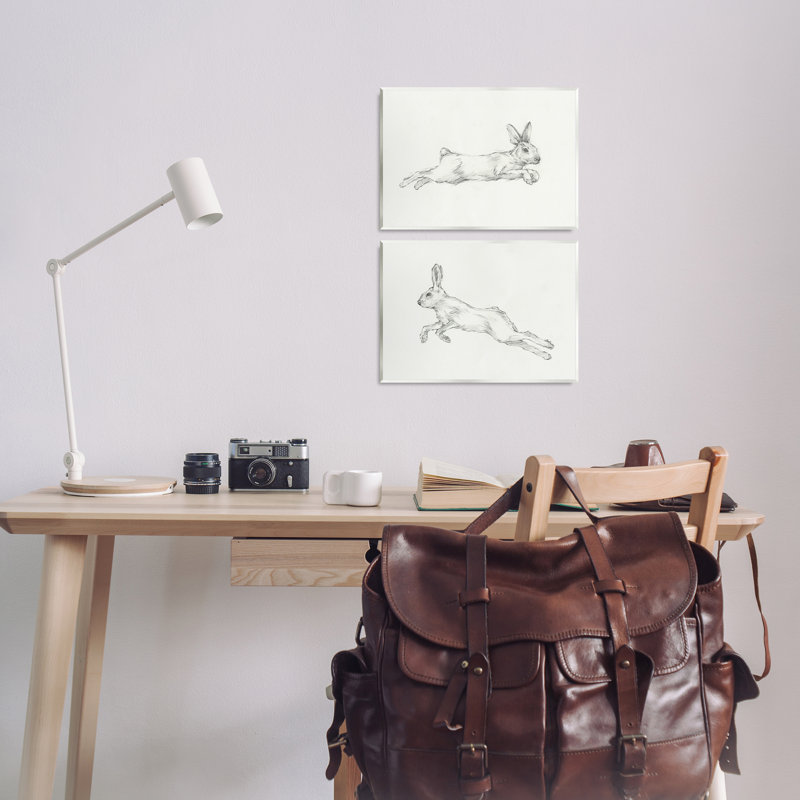 Crayon, croquis, lapin, saut, ensemble de 2 plaques murales par Ethan Harper