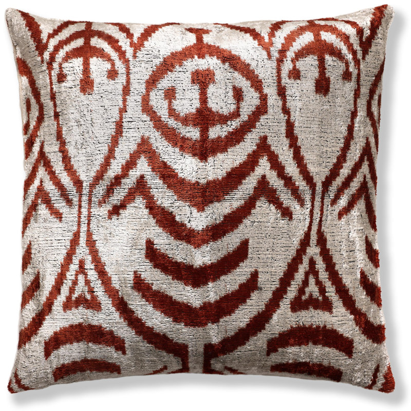 Oreiller luxueux en velours de soie tissé à la main Ikat 20 po x 20 po - Rouille et ivoire