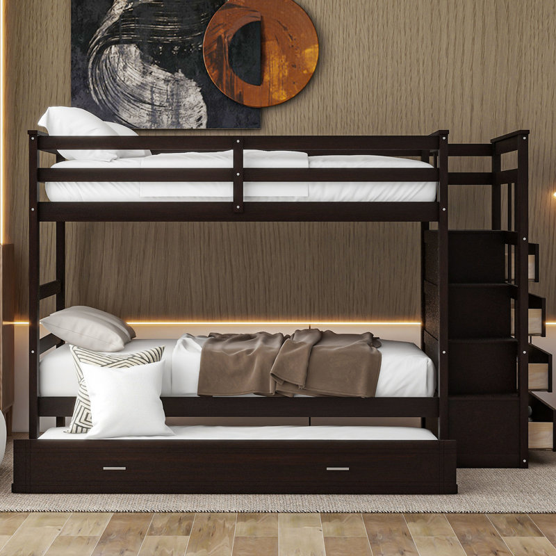 Lit superposé Twintwin avec escalier pratique et rangement - Construction en pin massif avec abat-jour gigogne en bois pour une chambre