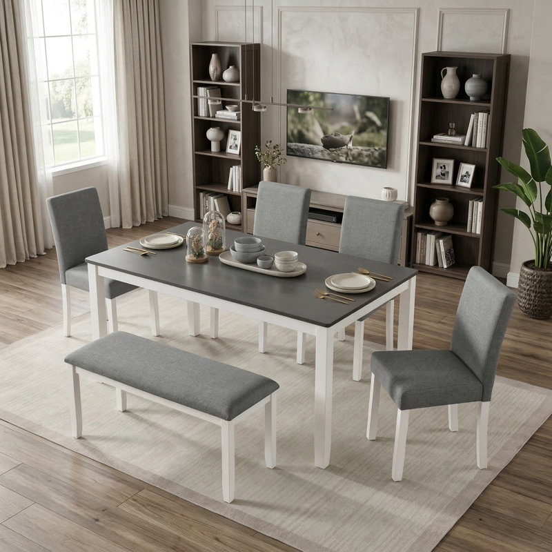 Ensemble de table de salle à manger 6 pièces avec banc et chaises, table en bois deux tons pour la cuisine, la salle à manger, gris et blanc