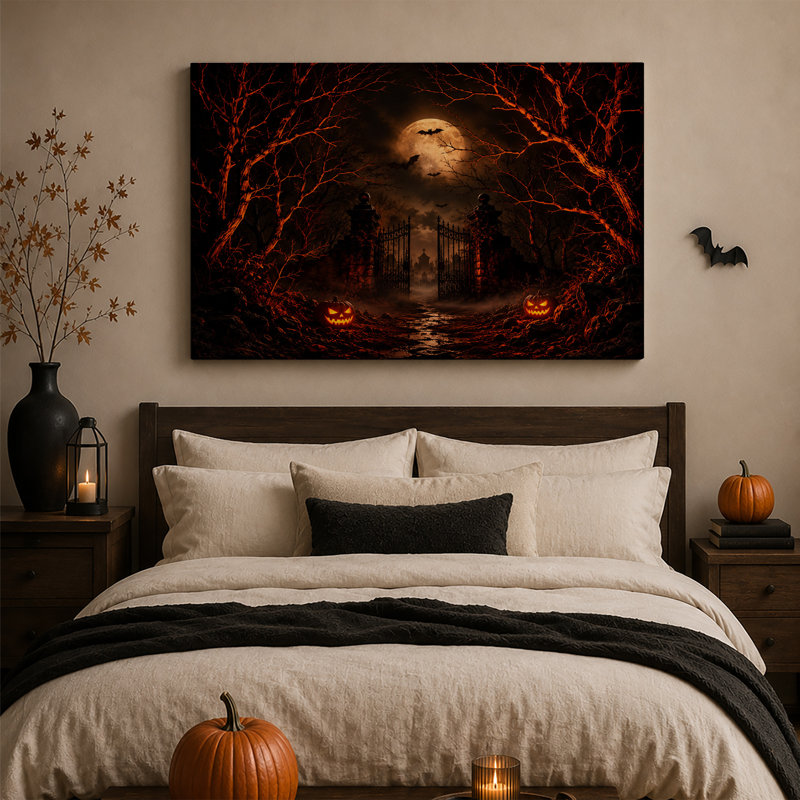 Toile brillante «Jack-o'-lanterns Near Iron Gate Under Halloween», H 36 po x l 48 po