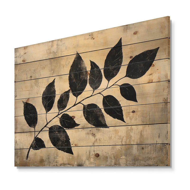 Black Leaves Shadow Silhouette V - Leaves Wood Wall Art - On Natural Pine Wood, 34" H x 44" W