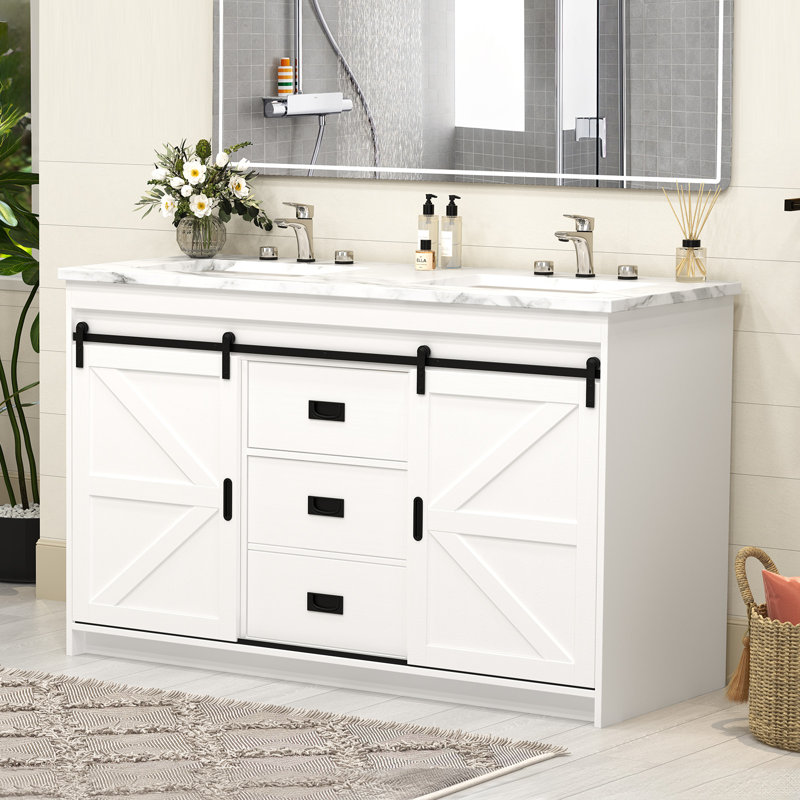 Ensemble de meuble-lavabo 54 po à double cuve, meuble-lavabo à porte coulissante avec tiroirs de rangement, comptoir en marbre et dosseret, meuble-lavabo complet sans installation