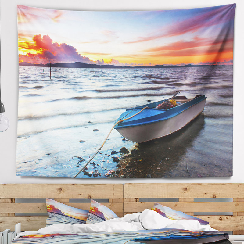 Bateau à la tapisserie du coucher du soleil Landscape, H 32 po x l 39 po