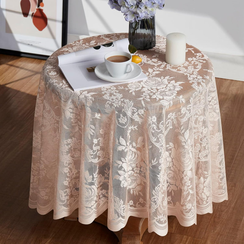 Lace Round Tablecloth With English Rose Design, Linen, Round TableCloth: 36"