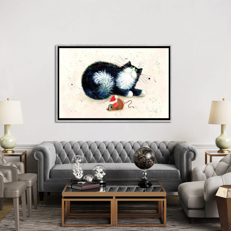 Reproduction d’art, "Merry Christmouse" par Kim Haskins, Pas de tapis, H 40 po x l 60 po x 1,5 po, Toile avec cadre argenté