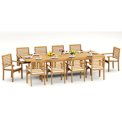 113 Pcs Grade-A Teak Wood Dining Set: 122" Caranas Double Extension Rectangle Table And 12 Alvarez Stacking Arm Chairs #11HR2912