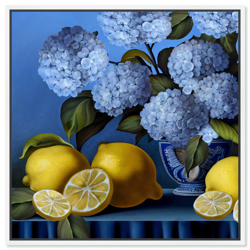 Vase hydrangées et citrons - impression, Impression encadrée, H 21 po x l 21 po, White