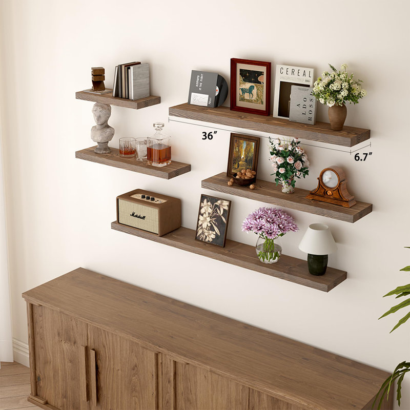 Solid Wood Floating Shelves，Rustic Wooden Wall Shelves, Walnut, 1.25" H x 36" W x 6.7" D