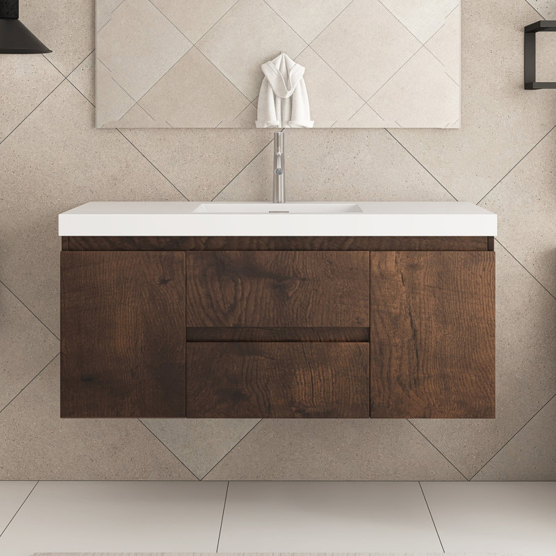 Meuble-lavabo mural simple 48 po avec plateau en résine Juriaan, Noyer