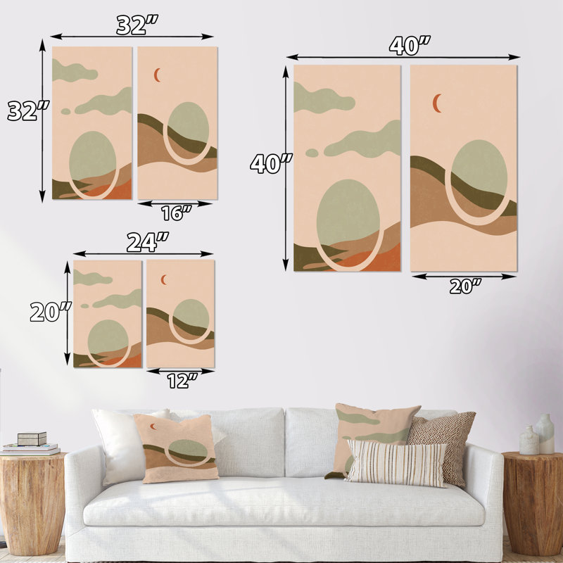 «Retro Sunrise Landscape with Moon I», ensemble de 2 impressions, H 20 po x l 24 po x P 1 po, Toile tendue