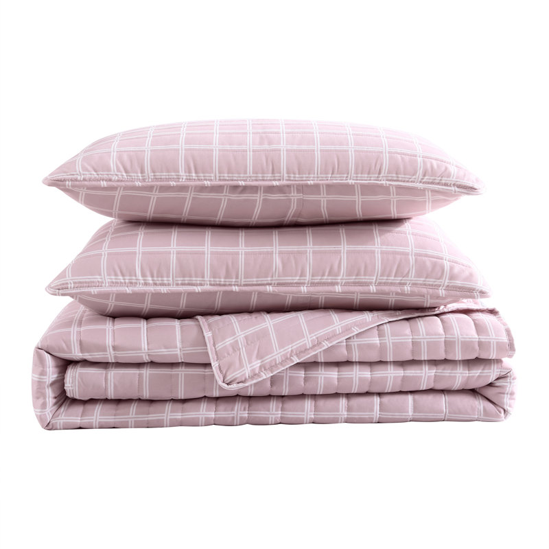 Pink/White Microfiber Reversible 2 Piece Quilt Set, King Quilt + 2 King Shams