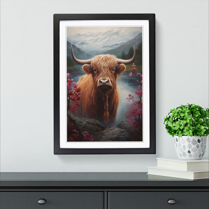 Highland Cow Renaissance - Single Picture Frame Print on Wood, Black, 46cm H x 34cm W x 2cm D