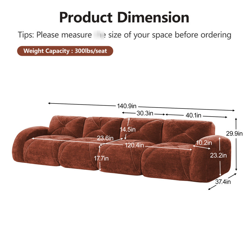 Velours doux de 140 po à 4 places sans siège avec éponge haute densité 32d, coussins, conception ergonomique, housse sans assemblage