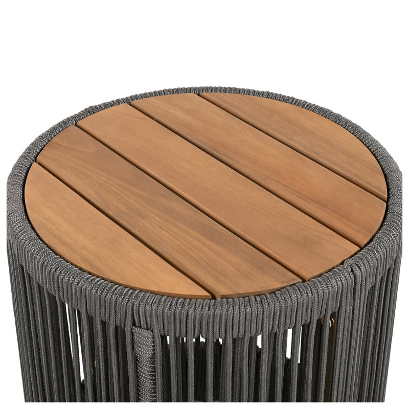 Table d'appoint d'extérieur en bois d'acacia et en fer avec détails en corde, table d'appoint de patio de 15 pouces en teck et gris