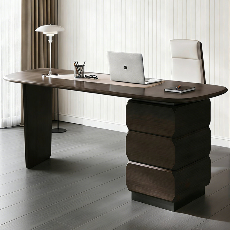Nut-brown + Beige Curved Manufactured Wood with 3 drawers desk, 29.53" H x 70.87" W x 27.56" D