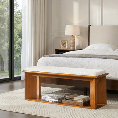 Jacobo 48" W Mid-Century Modern Chenille Bench with Open Storage Shelf