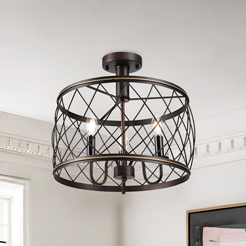 Neslisah 15.7-Inch Wine Barrel Metal Mesh Flush Mount, Oil Bronzed