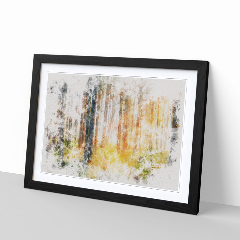 Rays of Light Through an Autumn Forest Watercolour - Picture Frame Graphic Art Print, Black Framed, 36cm H x 48cm W x 2cm D