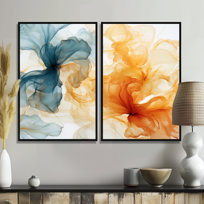 Collages à l'encre orange et bleu - art mural moderne, 36" H x 48" W, Impression encadrée flottante, Black