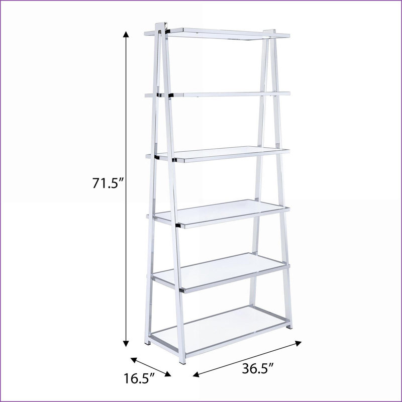 Bibliothèque, H 71,5 po, 6 tablettes contemporaines fixes en bois blanc brillant et métal chromé | Blanc | Bois et métal