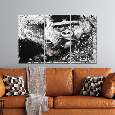 Vibrant Gorilla Smoking Printed Canvas Artwork - Contemporary Wall Decor,3P Wrapped Canvas