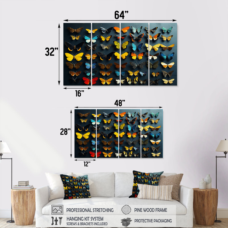 Ensemble de 4 papillons multicolores colorés - insectes et insectes, H 28 po x l 48 po