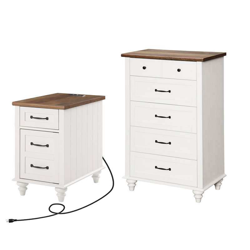 Ensemble 2 pièces de commode et table de chevet, une commode à 5 tiroirs et une table de chevet, blanc