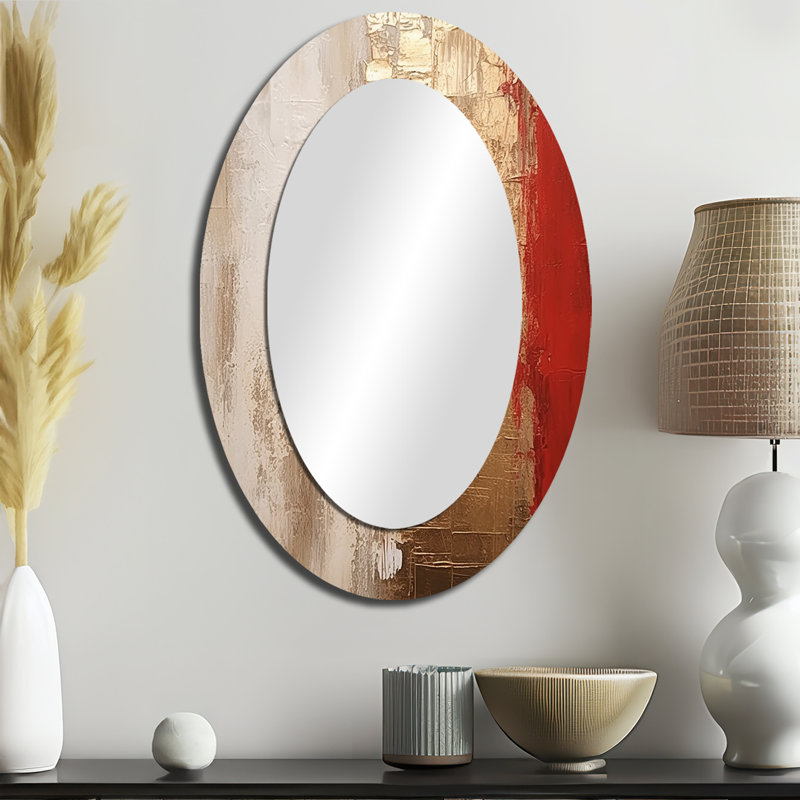 Full Moon Redemption Abstract Gold And Red I - Gold Oval Wall Mirror Decor, 36" x 24"