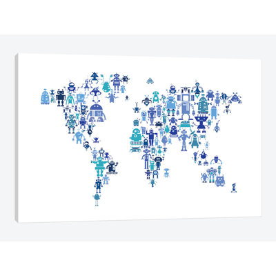 « world map series : teintes blue robots », impression sur toile tendue