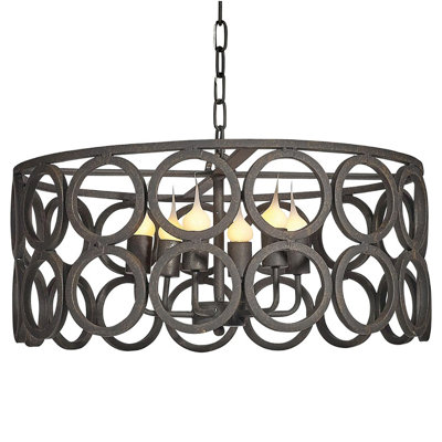 6 - Light Candle Style Drum Chandelier with Wrought Iron Accents