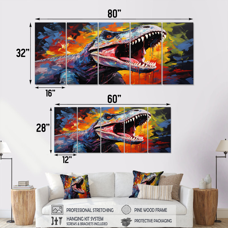 «Colorful Roaring Trex Dinosaur I - Dinosaur», art mural 5 pièces, H 32 po x l 80 po
