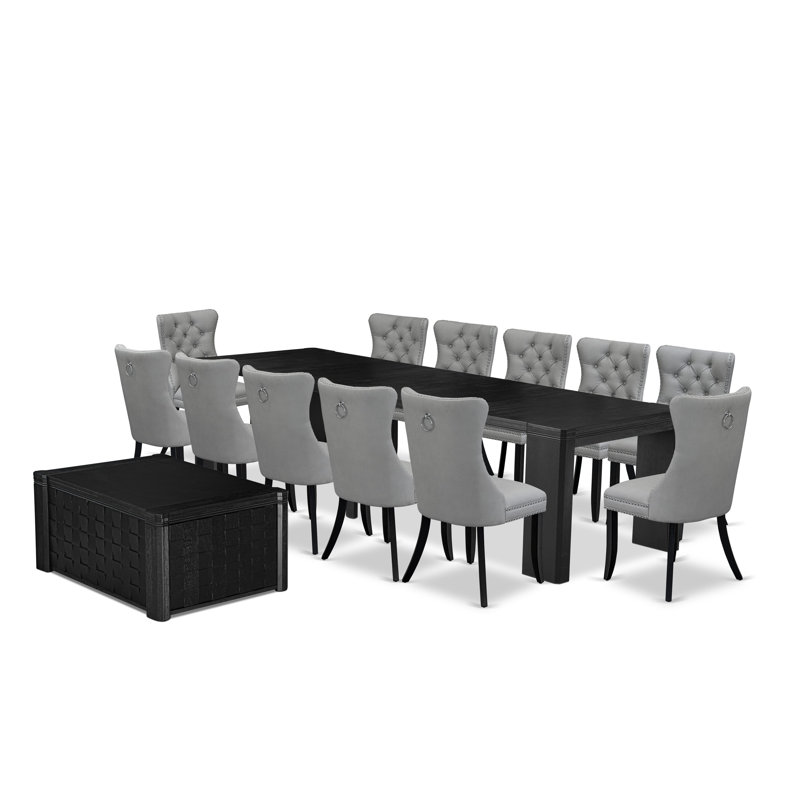 14-piece dinner Table Set a rectangular modern kitchen table, a coffee table and 12 Light Gray Polyester fabric upholstered chair, Wire Brushed Black