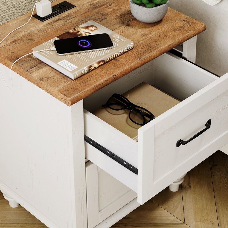 Scarlett Nightstand with Charging Station for Bedroom, White/Brown