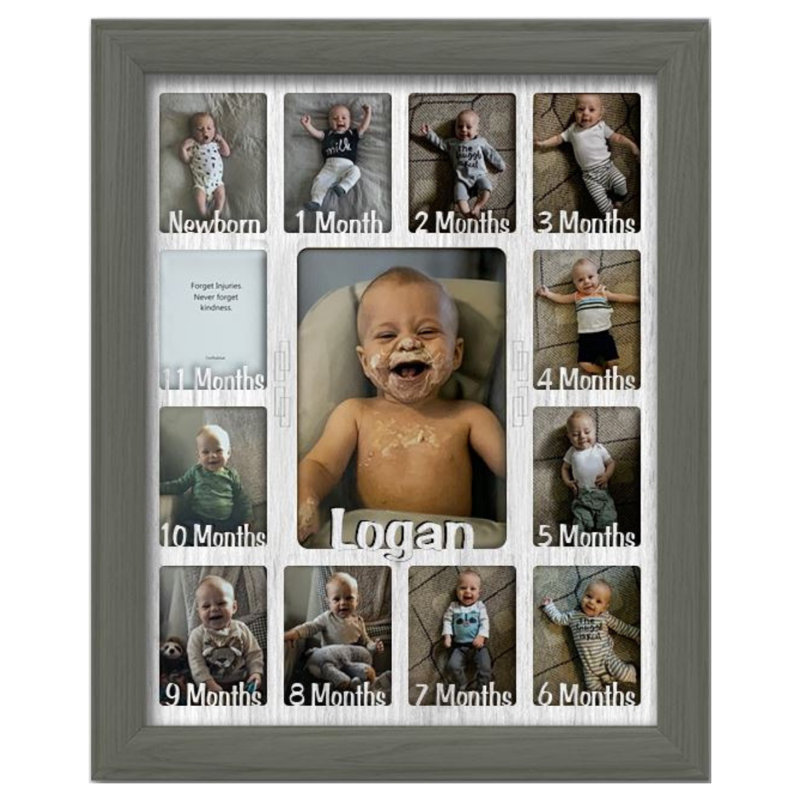 Cadre photo personnalisé pour bébé première année - peut contenir 12 portefeuilles et 1 photo 5 x 7 - 11 x 14, Noir, Blanc