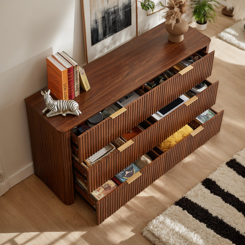 55" 6 Drawers Dresser, Wide Modern Chest Of Drawers Curved Wave Design, Dresser TV Stand, Wood Drawer Organizer For Bedroom, Living Room, Hallway