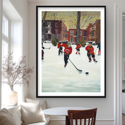 Jeunes joueurs de hockey - décor imprimé mat brun encadré neige
