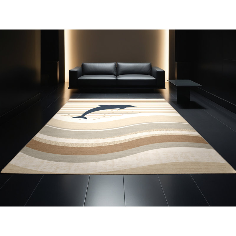 Machine Washable Orlena Coastal Striped Rug in Beige – Beige Binding, 5 x 7