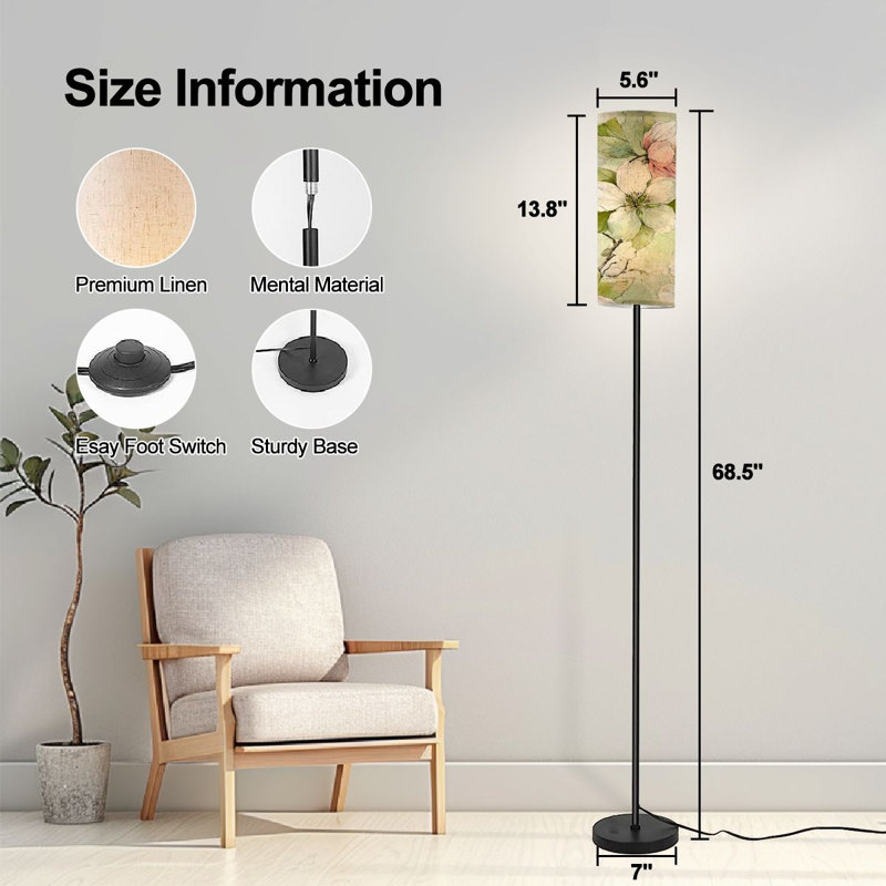  Lampe sur pied de 68,5 po avec ampoule à DEL à motif floral rétro en forme de fleur de printemps avec abat-jour en lin