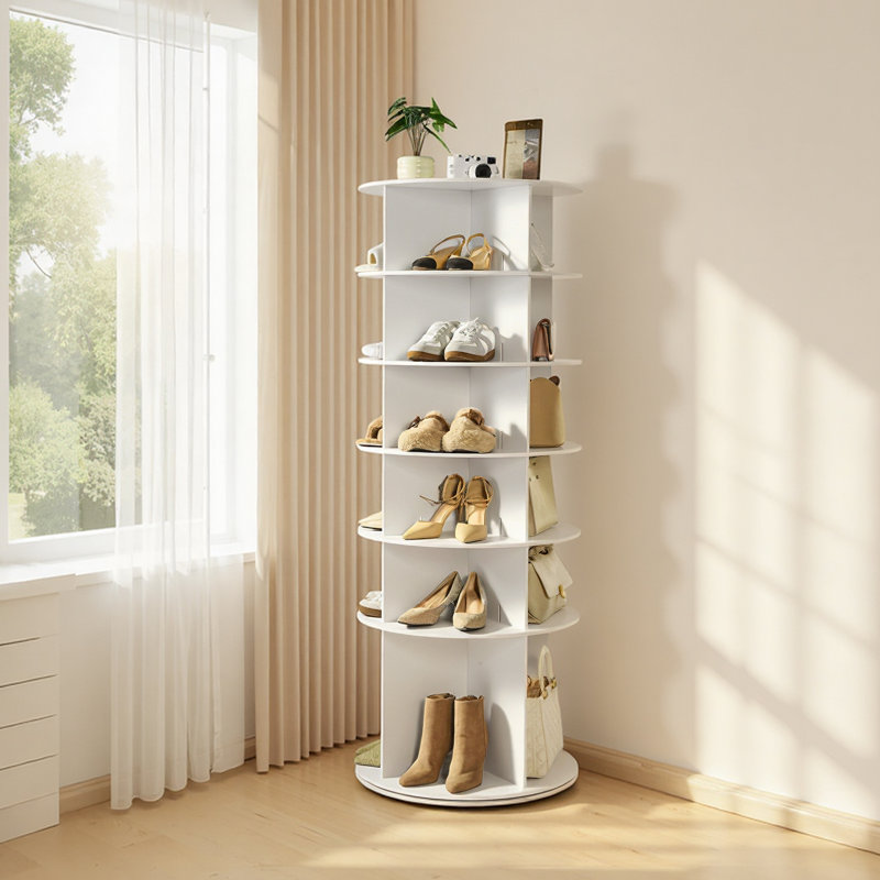 6 Tiers Rotating Shoe Rack Tower, 360° Spinning Shoe Rack, Revolving Storage Round Carousel Display, Freestanding Lazy Susan Organizer Display for Bedroom, Living Room, Entryway, Closet, White