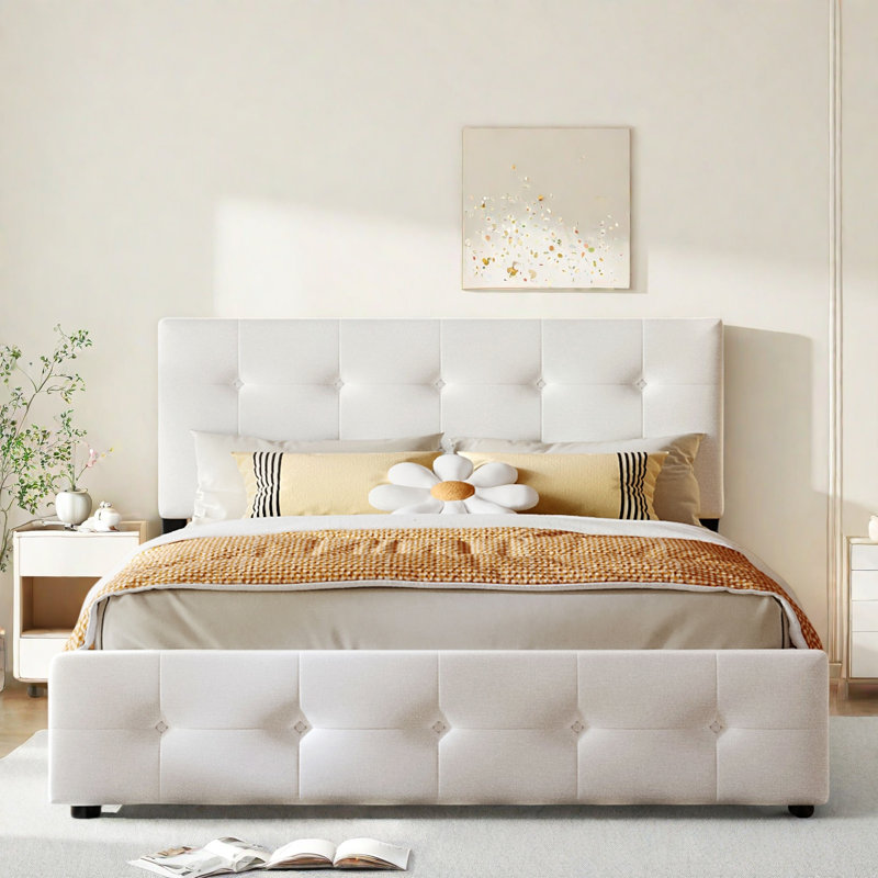 Upholstered Platform Storage Bed, White