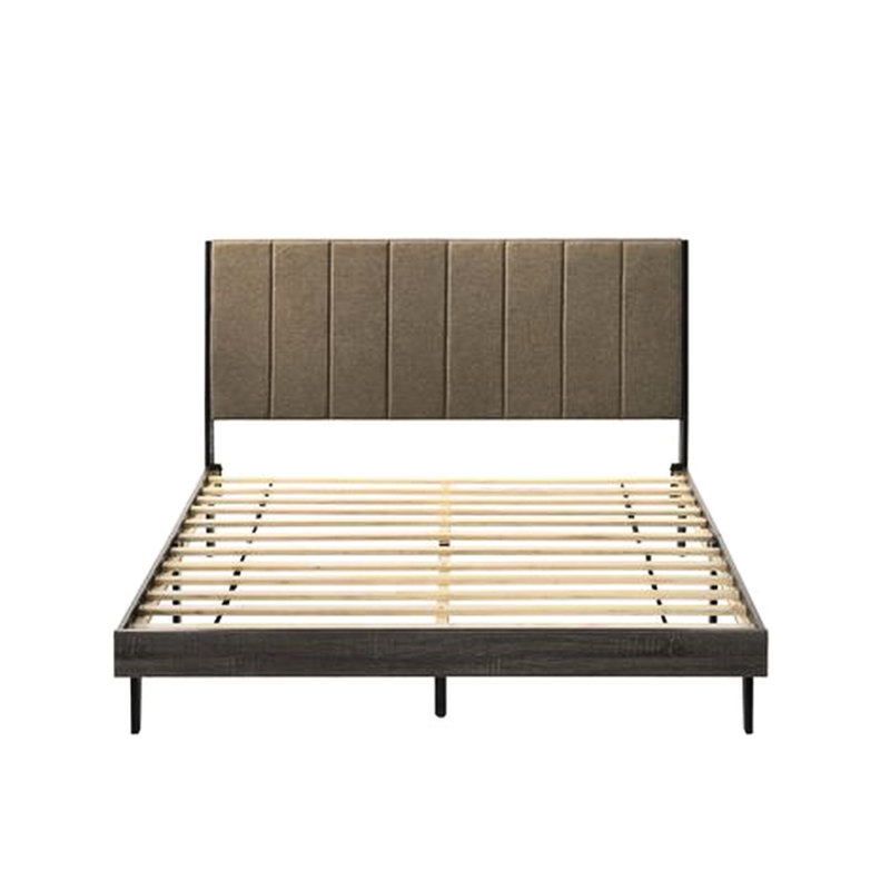 Weathered Gray Finish And Brown Fabric Queen Bed, Upholstery Hb, Low Profile Structure, 12 Slats With 4 Support Legs, No Box Spring Needed, 8" Mattress Suitable, Wood Rubber Particle Board Veneer