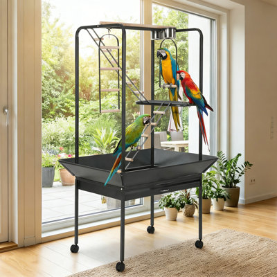 64'' Bird Cage Play Stand for Macaws, Parakeets & Finches – Spacious Indoor Outdoor Playground, Perches, Ladders, Rotating Ring, Removable Tray, Lockable Casters – Silver Black  Explosion Flower