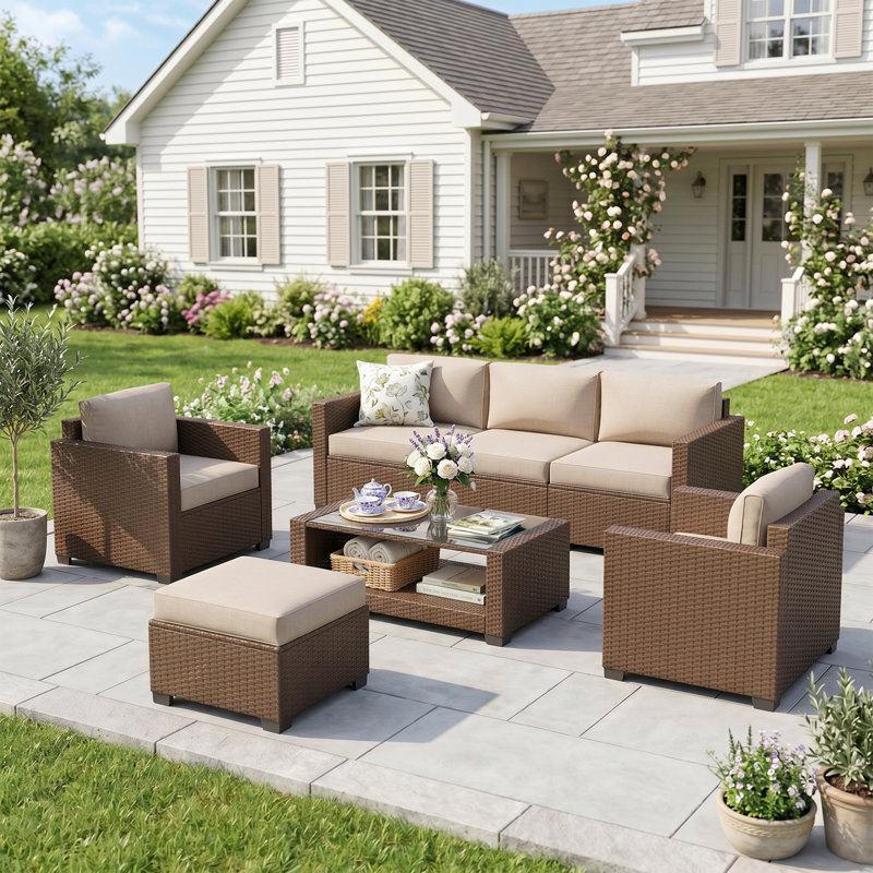 7 Piece Wicker Outdoor Patio Conversation Furniture Set with Cushions and Coffee Table, Brown/Beige