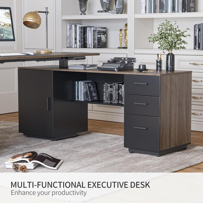 63" L Shaped Office Executive Standing Desk with File Cabinet, Black Walnut