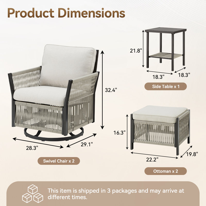 Ensemble de fauteuil oscillant pivotant 5 pièces Aurora Modern, 5 pièces: table d'appoint, 2 chaises, 2 repose-pi, Beige