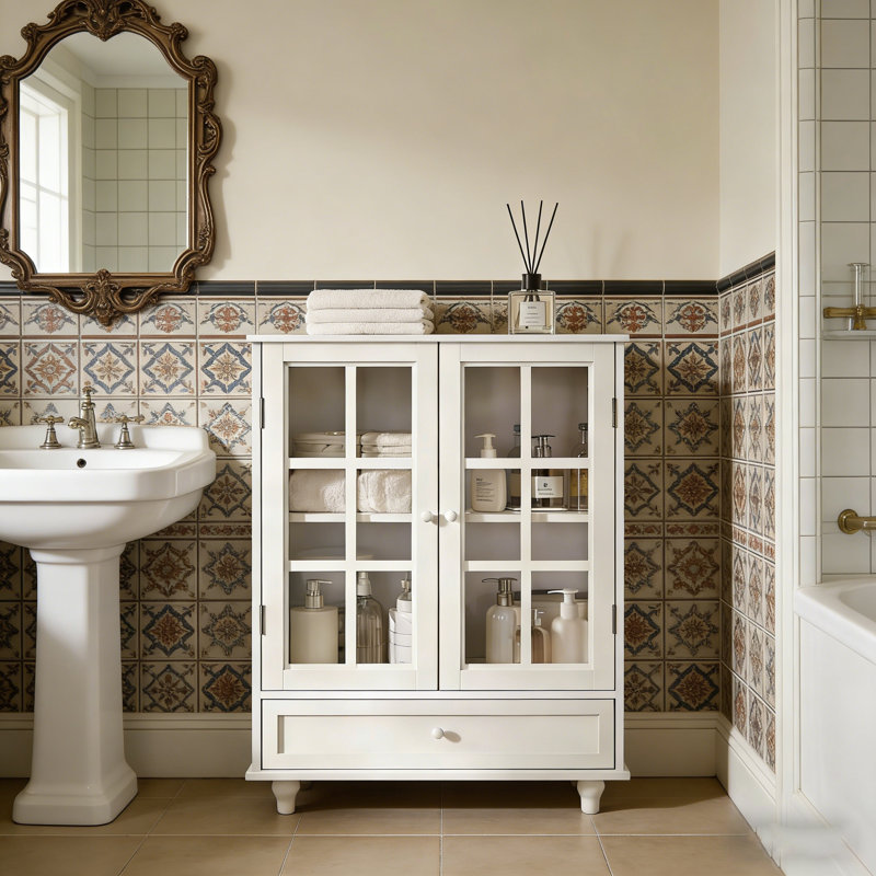 Armoire de rangement pour salle de bain avec portes doubles en verre et tiroir inférieur spacieux Mordern, Blanc