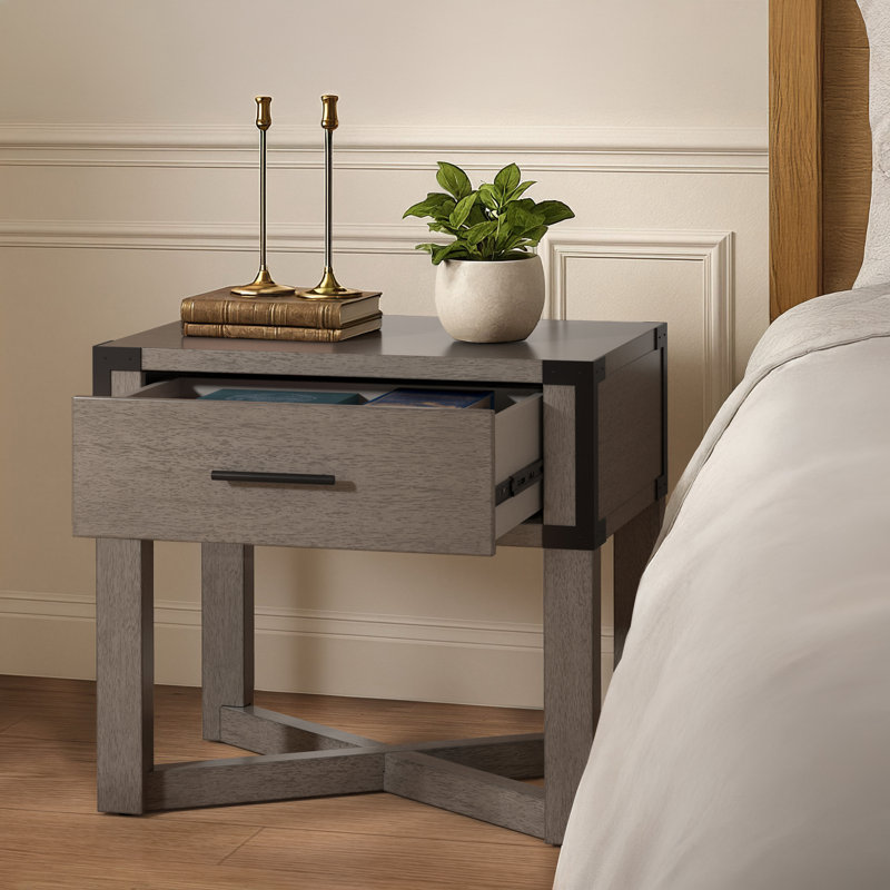 Arcadia Wood Finish X-Base End Table With Drawer Storage, Antique Gray
