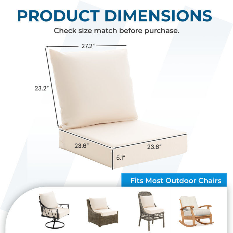 Outdoor Patio Chair Cushion Set, 5.1" Thick Olefin Replacement Seat & Back Cushions, Beige, 2